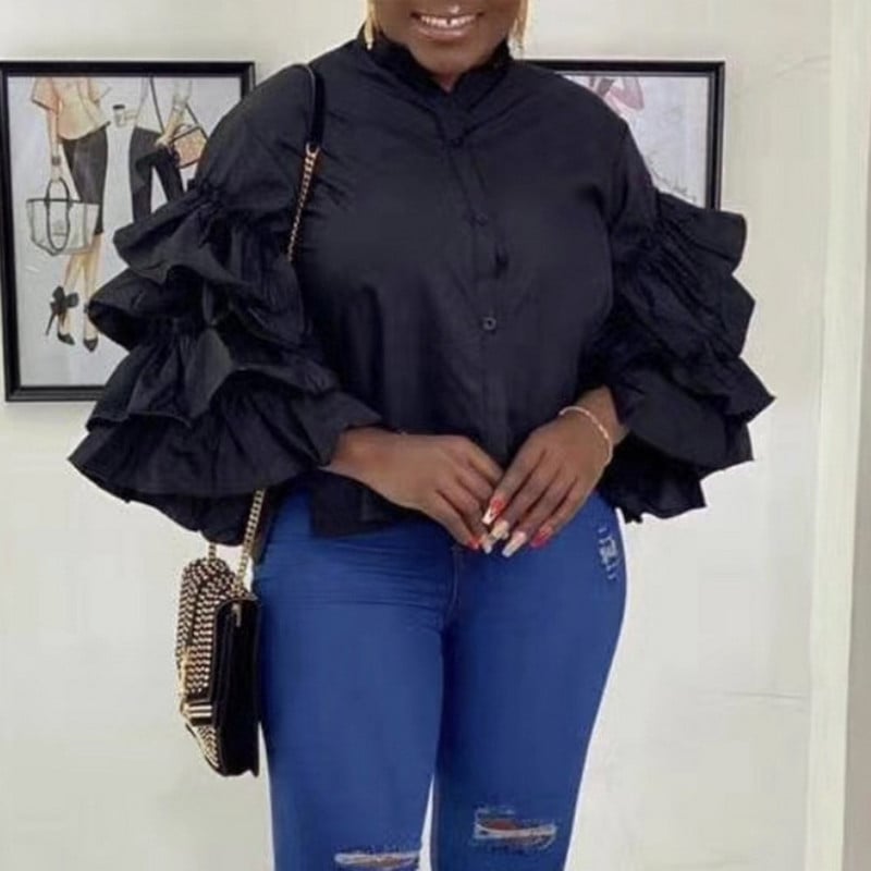 proljeće novo 2021 jednobojna košulja s volanima falbala košulja samostojeći ovratnik velike veličine modne majice za zabave 5 boja zelena bluza afrička