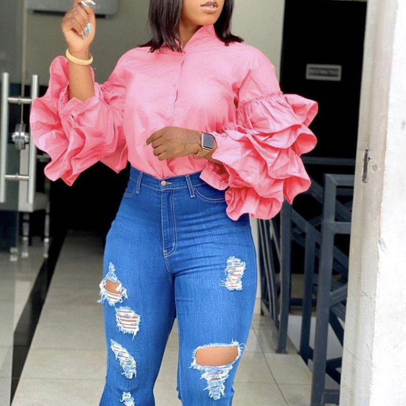 proljeće novo 2021 jednobojna košulja s volanima falbala košulja samostojeći ovratnik velike veličine modne majice za zabave 5 boja zelena bluza afrička