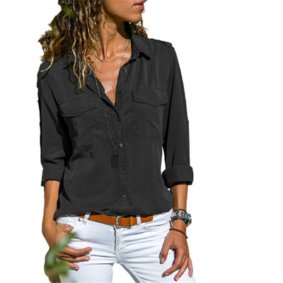 Jesenska ženska uredska bluza s džepovima, velike veličine s reverima, tanka košulja s dugim rukavima, ženske crno-ružičaste majice S-5XL