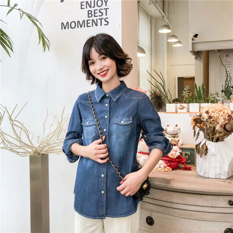 Jesenska ležerna traper košulja dugih rukava Ženska modna uska pamučna ženska majica velikih veličina Plave traperice Bluza Feminina