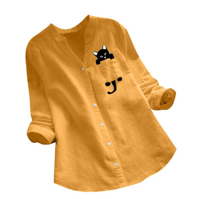 Ženska košulja, pamučna lanena bluza s otisnutim mačkama, v-izrez, ležerna košulja s dugim rukavima, gornja odjeća s gumbima, košulja Femme 2021