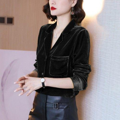 Besplatna dostava Ženske majice i bluze Retro gornja odjeća od zlatnog baršuna Ležerna jednobojna urezana košulja dugih rukava, udobna velika veličina