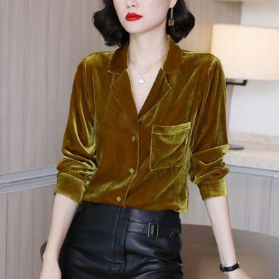 Besplatna dostava Ženske majice i bluze Retro gornja odjeća od zlatnog baršuna Ležerna jednobojna urezana košulja dugih rukava, udobna velika veličina