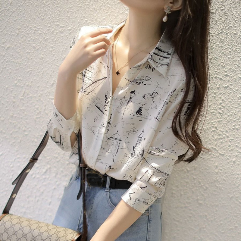 Jesenná nová vintage voľná košeľa s nízkym výstrihom, elegantná potlačená šifónová blúzka s dlhým rukávom, dámska blúzka Chemisier Femme 10315