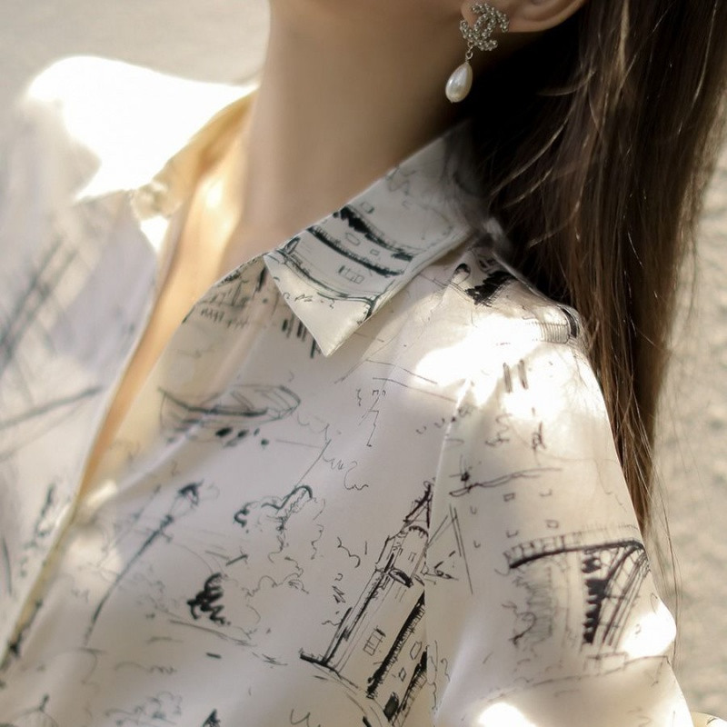 Jesenná nová vintage voľná košeľa s nízkym výstrihom, elegantná potlačená šifónová blúzka s dlhým rukávom, dámska blúzka Chemisier Femme 10315