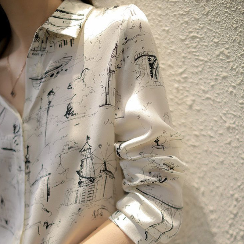 Jesenná nová vintage voľná košeľa s nízkym výstrihom, elegantná potlačená šifónová blúzka s dlhým rukávom, dámska blúzka Chemisier Femme 10315