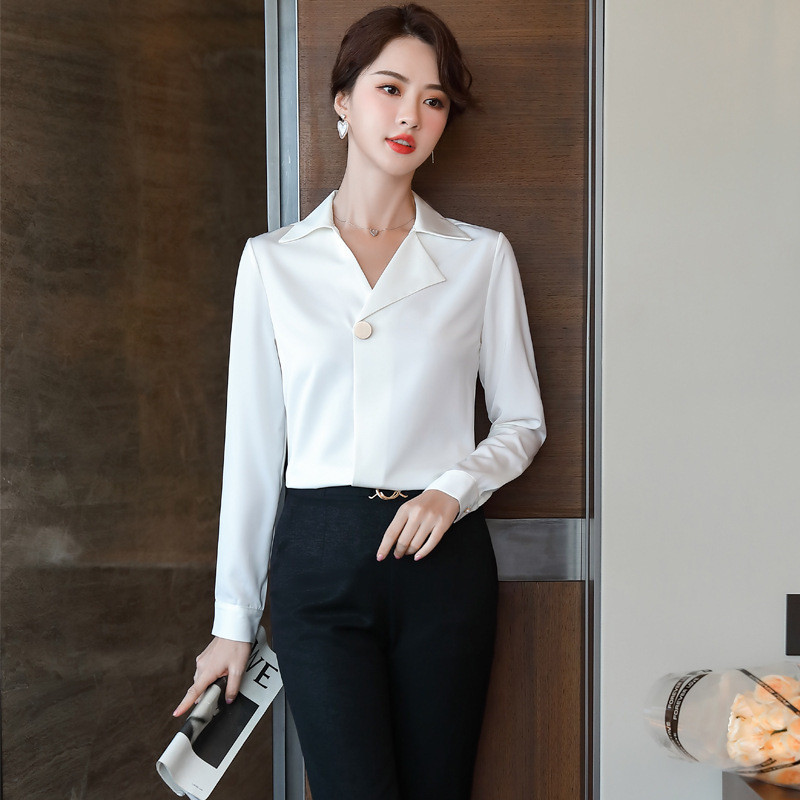 IZICFLY őszi téli női hosszú ujjú új stílusú V-nyakú zöld ing karcsú alkalmi irodai elegáns divat koreai blúz munkaruha