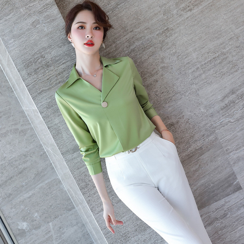 IZICFLY őszi téli női hosszú ujjú új stílusú V-nyakú zöld ing karcsú alkalmi irodai elegáns divat koreai blúz munkaruha
