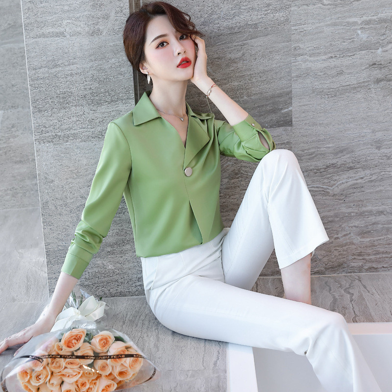 IZICFLY őszi téli női hosszú ujjú új stílusú V-nyakú zöld ing karcsú alkalmi irodai elegáns divat koreai blúz munkaruha