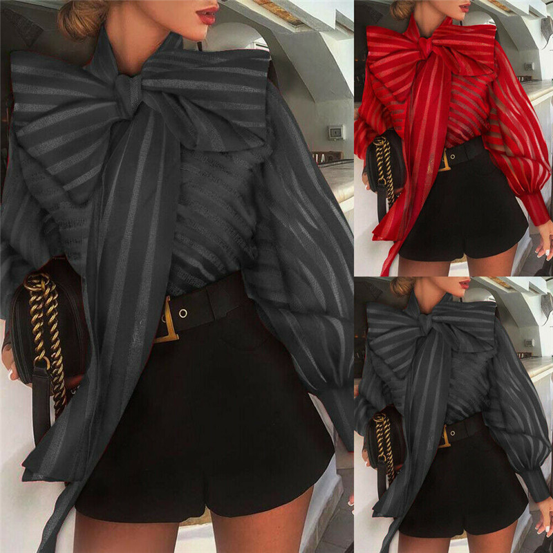 Ženska mrežasta prozirna prugasta bluza Prozirna majica dugih rukava Modna elegantna crna crvena košulja s velikom mašnom Ženske bluze