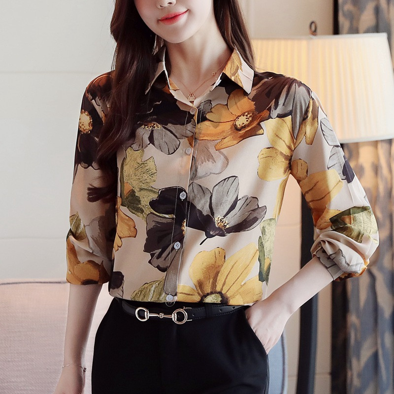 Moteriški šifoniniai marškiniai, 2020 m. madingi ilgomis rankovėmis, gėlėmis marginta palaidinė Korėjietiško stiliaus drabužiai Vintažiniai biuro moteriški viršutiniai drabužiai ir palaidinės