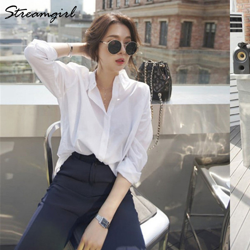 Streamgirl bő fehér ing női tavaszi ősz alkalmi laza fehér blúz női pamut barát ingek hosszú ujjú felsők