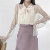 Kétrészes női hálós blúz tömör alkalmi nyakkendő masnis csipkeingek női gyöngyös hosszú ujjú blúzok alsó ing + felsők AB799