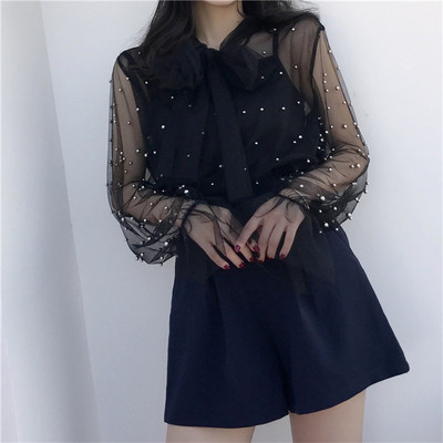 Kétrészes női hálós blúz tömör alkalmi nyakkendő masnis csipkeingek női gyöngyös hosszú ujjú blúzok alsó ing + felsők AB799