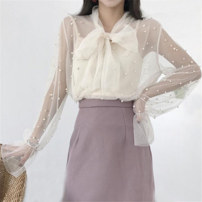 Kétrészes női hálós blúz tömör alkalmi nyakkendő masnis csipkeingek női gyöngyös hosszú ujjú blúzok alsó ing + felsők AB799