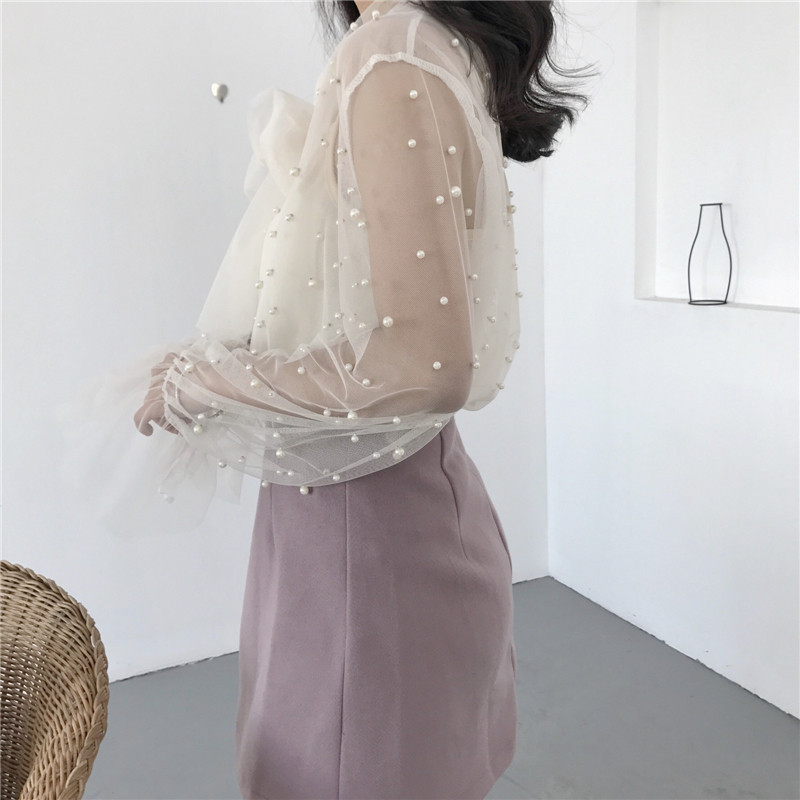 Kétrészes női hálós blúz tömör alkalmi nyakkendő masnis csipkeingek női gyöngyös hosszú ujjú blúzok alsó ing + felsők AB799