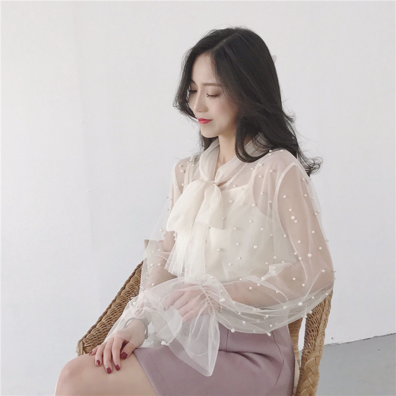 Kétrészes női hálós blúz tömör alkalmi nyakkendő masnis csipkeingek női gyöngyös hosszú ujjú blúzok alsó ing + felsők AB799