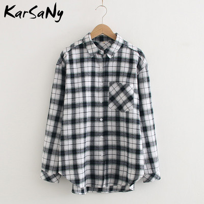 „KarSaNy Boyfriend“ negabaritinių marškinėlių languotas moteriškas palaidinės ir viršutinės palaidinės Pavasariniai laisvi languoti medvilniniai marškiniai moterims vaikinų marškiniai