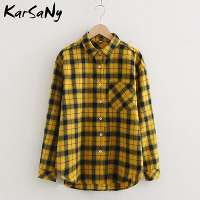 „KarSaNy Boyfriend“ negabaritinių marškinėlių languotas moteriškas palaidinės ir viršutinės palaidinės Pavasariniai laisvi languoti medvilniniai marškiniai moterims vaikinų marškiniai