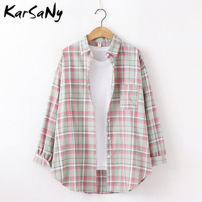 „KarSaNy Boyfriend“ negabaritinių marškinėlių languotas moteriškas palaidinės ir viršutinės palaidinės Pavasariniai laisvi languoti medvilniniai marškiniai moterims vaikinų marškiniai