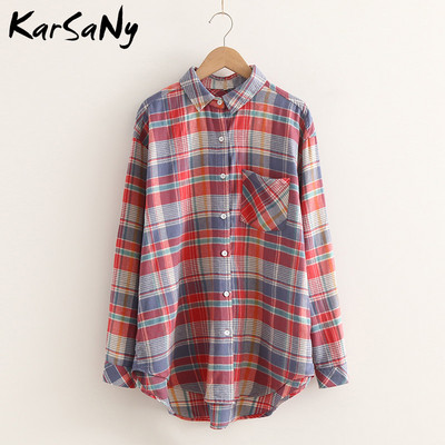 „KarSaNy Boyfriend“ negabaritinių marškinėlių languotas moteriškas palaidinės ir viršutinės palaidinės Pavasariniai laisvi languoti medvilniniai marškiniai moterims vaikinų marškiniai