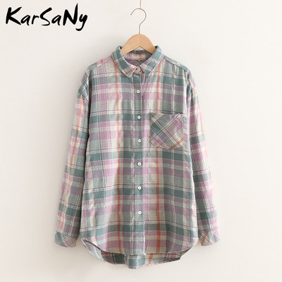 „KarSaNy Boyfriend“ negabaritinių marškinėlių languotas moteriškas palaidinės ir viršutinės palaidinės Pavasariniai laisvi languoti medvilniniai marškiniai moterims vaikinų marškiniai