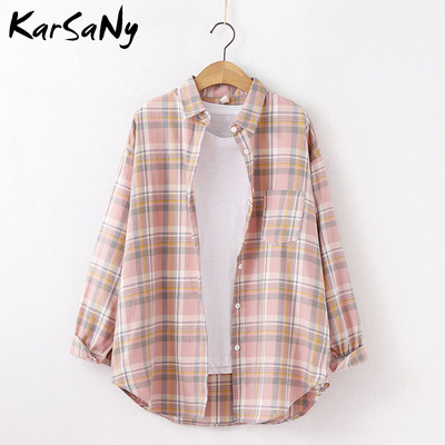 „KarSaNy Boyfriend“ negabaritinių marškinėlių languotas moteriškas palaidinės ir viršutinės palaidinės Pavasariniai laisvi languoti medvilniniai marškiniai moterims vaikinų marškiniai