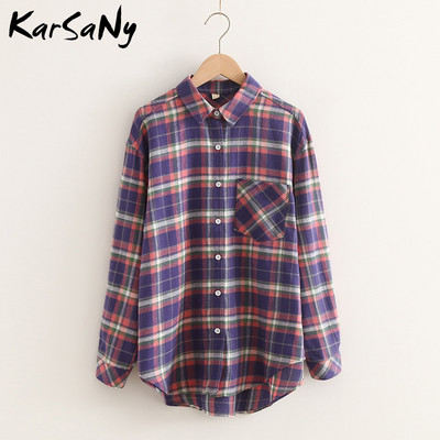 „KarSaNy Boyfriend“ negabaritinių marškinėlių languotas moteriškas palaidinės ir viršutinės palaidinės Pavasariniai laisvi languoti medvilniniai marškiniai moterims vaikinų marškiniai