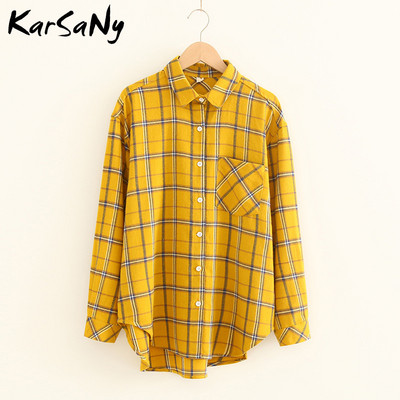 „KarSaNy Boyfriend“ negabaritinių marškinėlių languotas moteriškas palaidinės ir viršutinės palaidinės Pavasariniai laisvi languoti medvilniniai marškiniai moterims vaikinų marškiniai