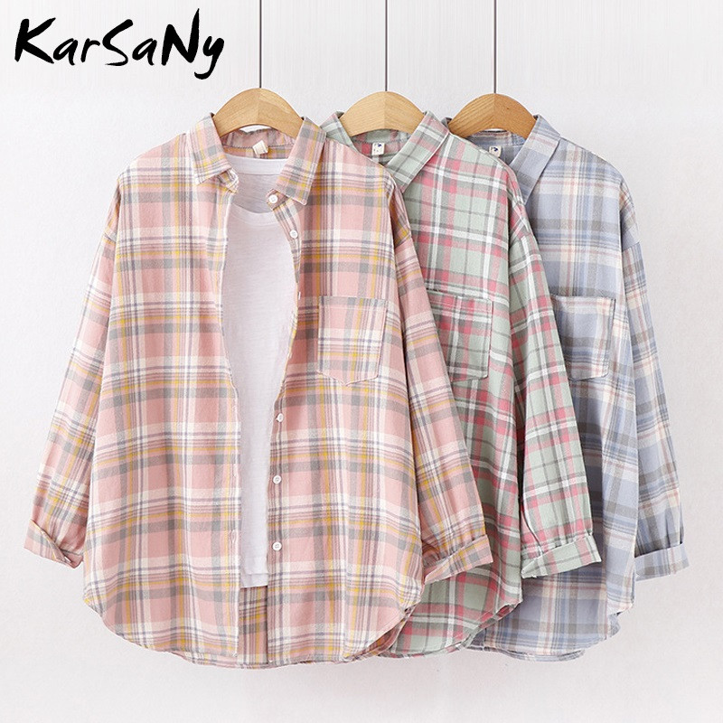 „KarSaNy Boyfriend“ negabaritinių marškinėlių languotas moteriškas palaidinės ir viršutinės palaidinės Pavasariniai laisvi languoti medvilniniai marškiniai moterims vaikinų marškiniai