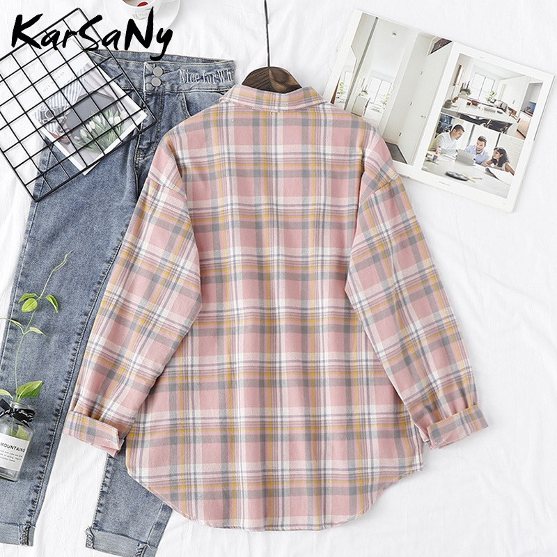 „KarSaNy Boyfriend“ negabaritinių marškinėlių languotas moteriškas palaidinės ir viršutinės palaidinės Pavasariniai laisvi languoti medvilniniai marškiniai moterims vaikinų marškiniai