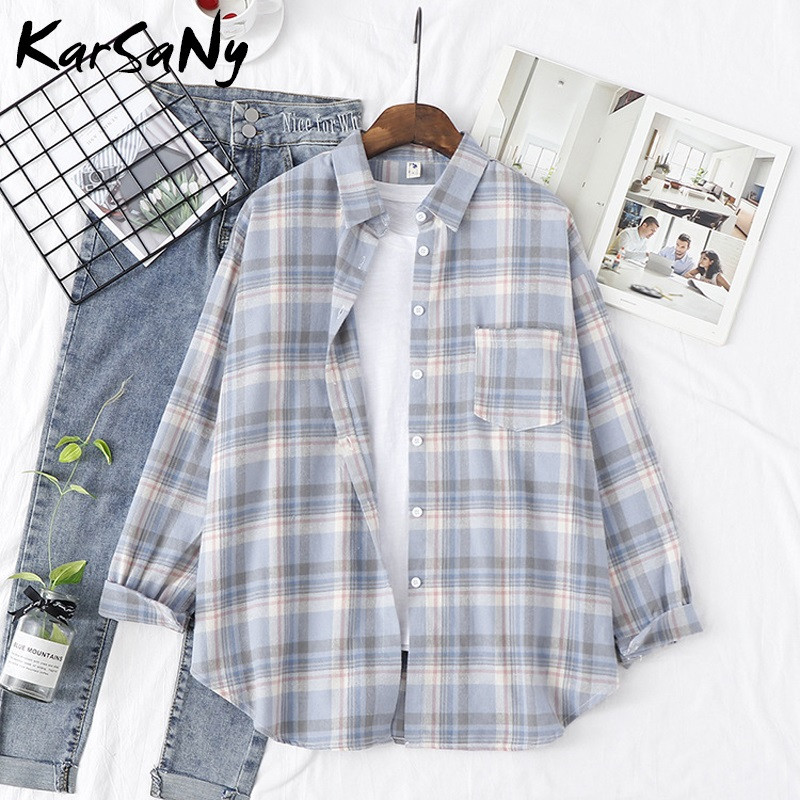 „KarSaNy Boyfriend“ negabaritinių marškinėlių languotas moteriškas palaidinės ir viršutinės palaidinės Pavasariniai laisvi languoti medvilniniai marškiniai moterims vaikinų marškiniai