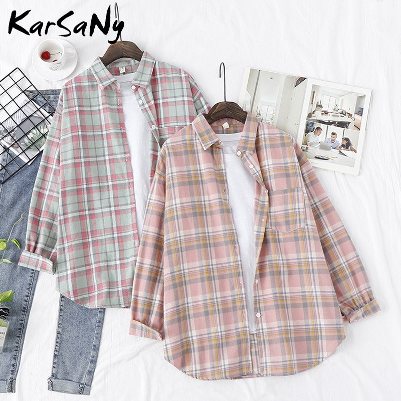 „KarSaNy Boyfriend“ negabaritinių marškinėlių languotas moteriškas palaidinės ir viršutinės palaidinės Pavasariniai laisvi languoti medvilniniai marškiniai moterims vaikinų marškiniai