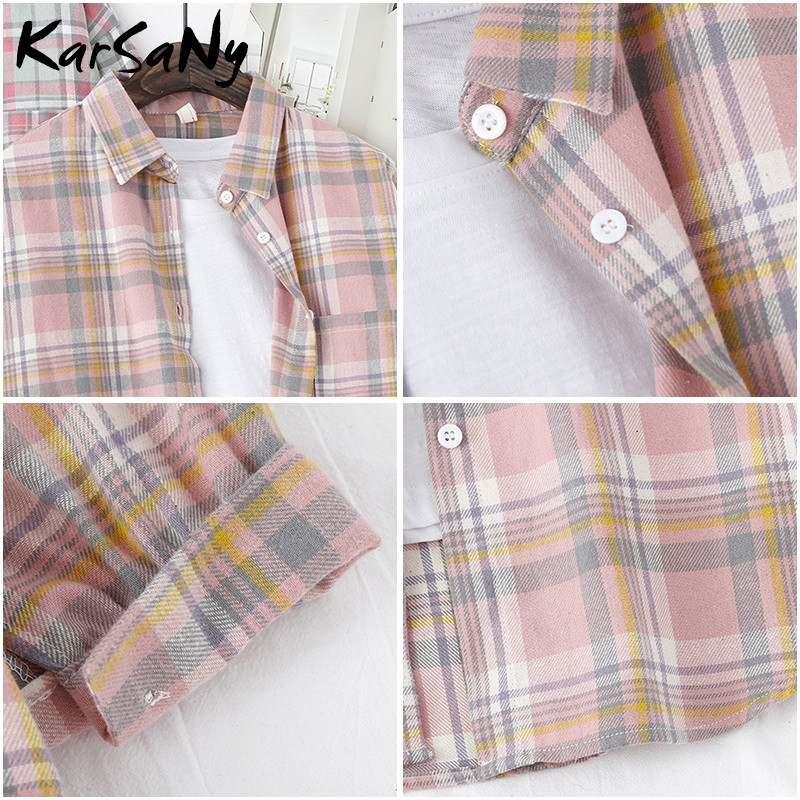 „KarSaNy Boyfriend“ negabaritinių marškinėlių languotas moteriškas palaidinės ir viršutinės palaidinės Pavasariniai laisvi languoti medvilniniai marškiniai moterims vaikinų marškiniai