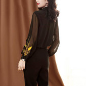 Crna Uredska košulja od šifona s puf rukavima Ženske elegantne patchwork majice od mreže Ženska uredska radna bluza velikih veličina Jesenski vez