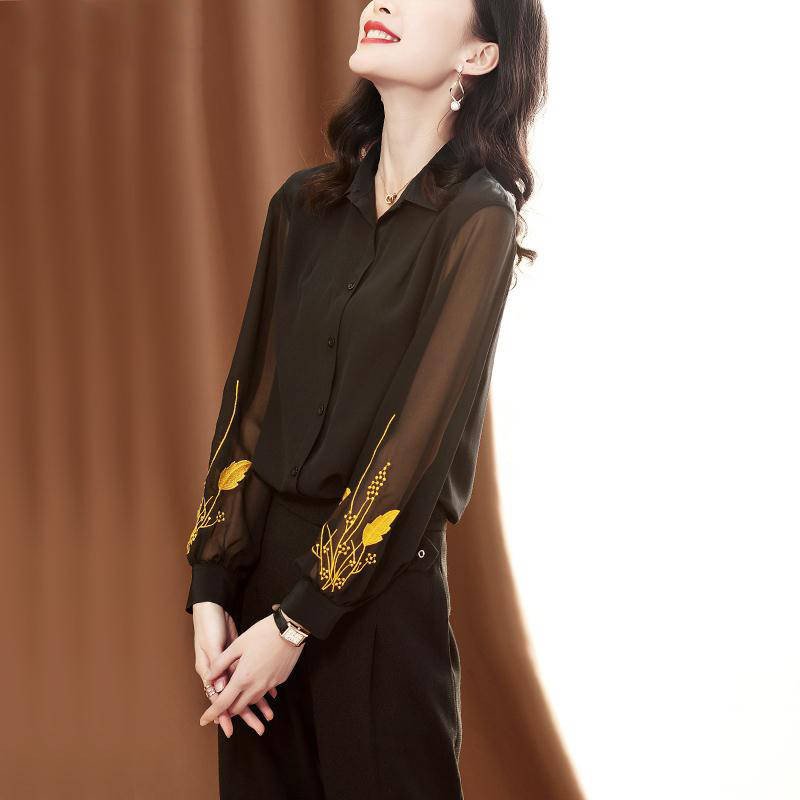 Crna Uredska košulja od šifona s puf rukavima Ženske elegantne patchwork majice od mreže Ženska uredska radna bluza velikih veličina Jesenski vez