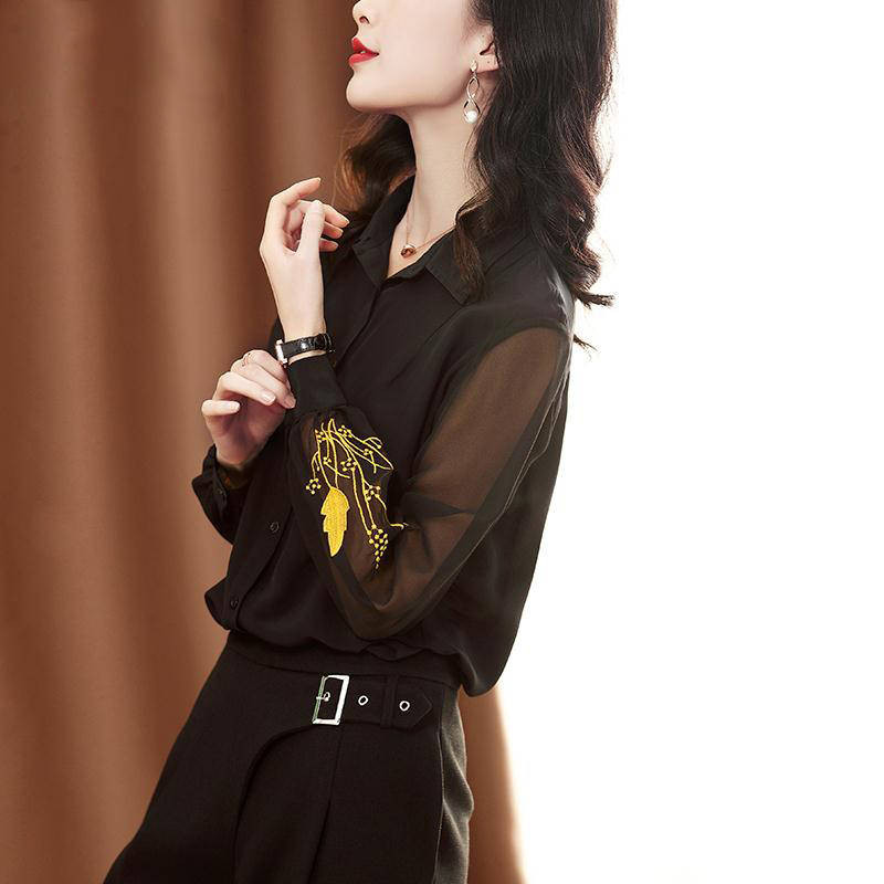 Crna Uredska košulja od šifona s puf rukavima Ženske elegantne patchwork majice od mreže Ženska uredska radna bluza velikih veličina Jesenski vez