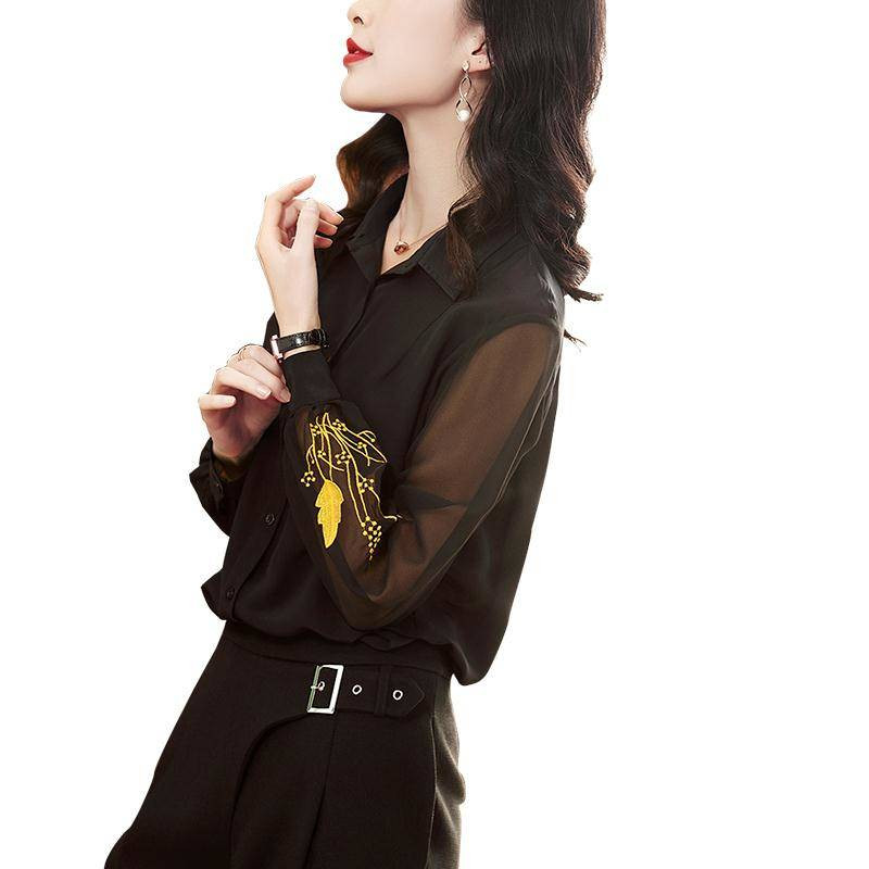 Crna Uredska košulja od šifona s puf rukavima Ženske elegantne patchwork majice od mreže Ženska uredska radna bluza velikih veličina Jesenski vez