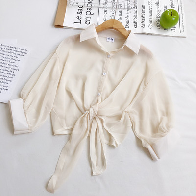 HISUMA 2021. aasta suvise laternaga varrukatega naiste sidemega rihm šifoonist vibusärk naiste seksikas lühike elastne õhuke kardigan nööbiga pluusiga topsid