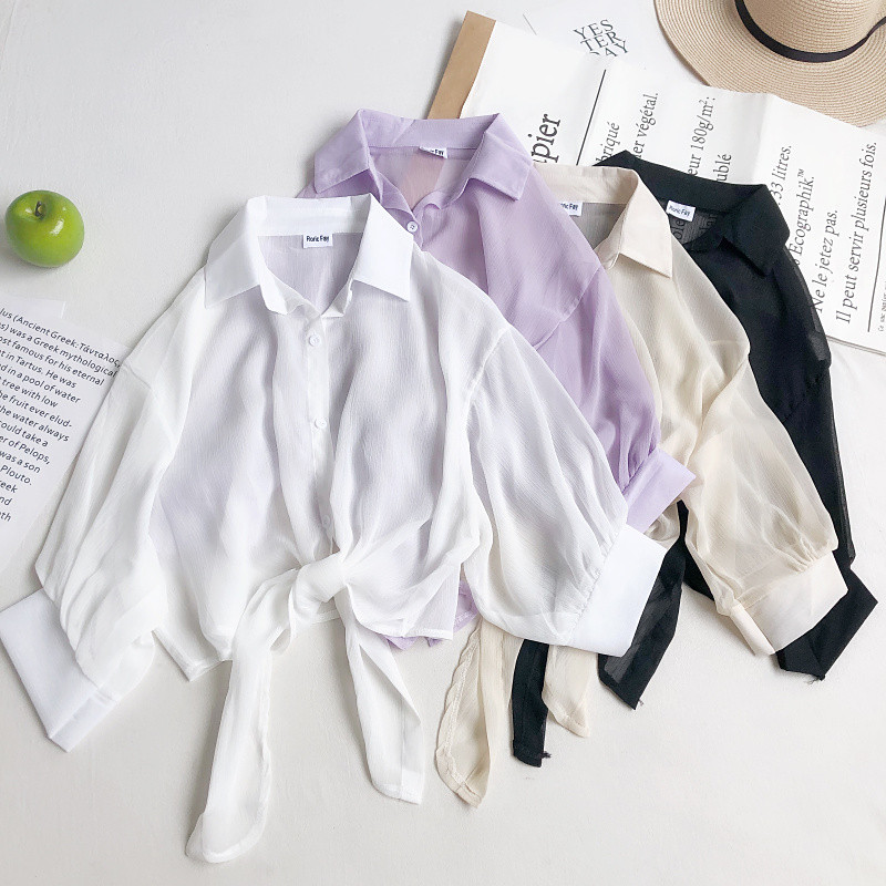 HISUMA 2021. aasta suvise laternaga varrukatega naiste sidemega rihm šifoonist vibusärk naiste seksikas lühike elastne õhuke kardigan nööbiga pluusiga topsid