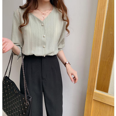 Ženska košulja od šifona s resicama, jesen 2020., jednobojne ljetne košulje i bluze s polurukavima s V-izrezom Blusas Elegantes De Mujer