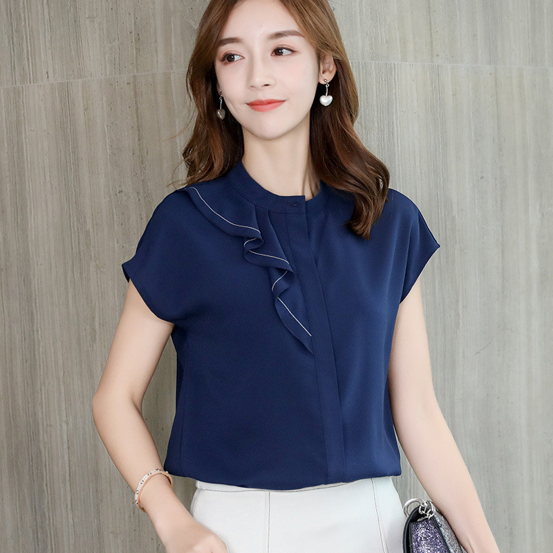 Kevadsuvi šifoonsärk Naiste õhuke mood lühikeste varrukatega ümarkraega pluus Naiste puhast värvi uus Korea top riided H9076