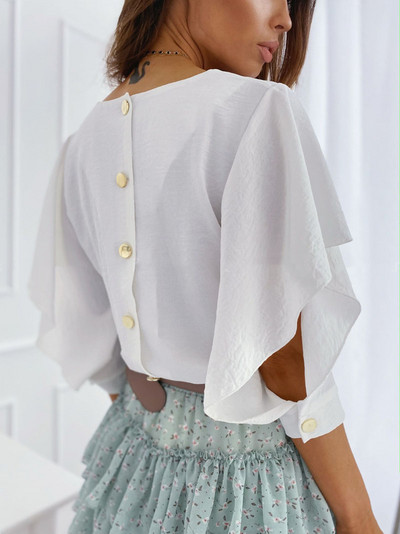 Ženska ležerna 3/4 slojevita zvonasta rukava s V-izrezom, široke majice s dugmadima na leđima, šifonske bluze, košulja 2020.