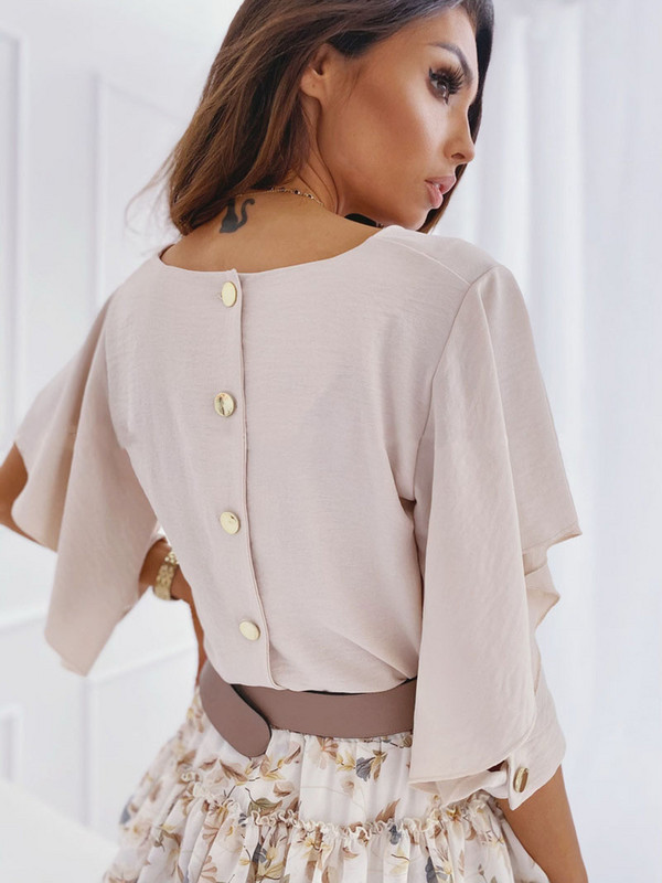 Ženska ležerna 3/4 slojevita zvonasta rukava s V-izrezom, široke majice s dugmadima na leđima, šifonske bluze, košulja 2020.