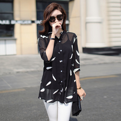 Moteriška palaidinė 2020 m. didelio dydžio moteriški marškiniai Šifoniniai moteriški viršutiniai drabužiai ilgomis rankovėmis Vasaros stiliaus siuvinėti drabužiai