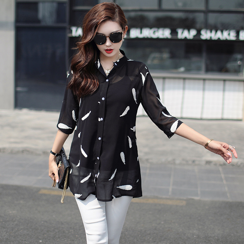 Moteriška palaidinė 2020 m. didelio dydžio moteriški marškiniai Šifoniniai moteriški viršutiniai drabužiai ilgomis rankovėmis Vasaros stiliaus siuvinėti drabužiai