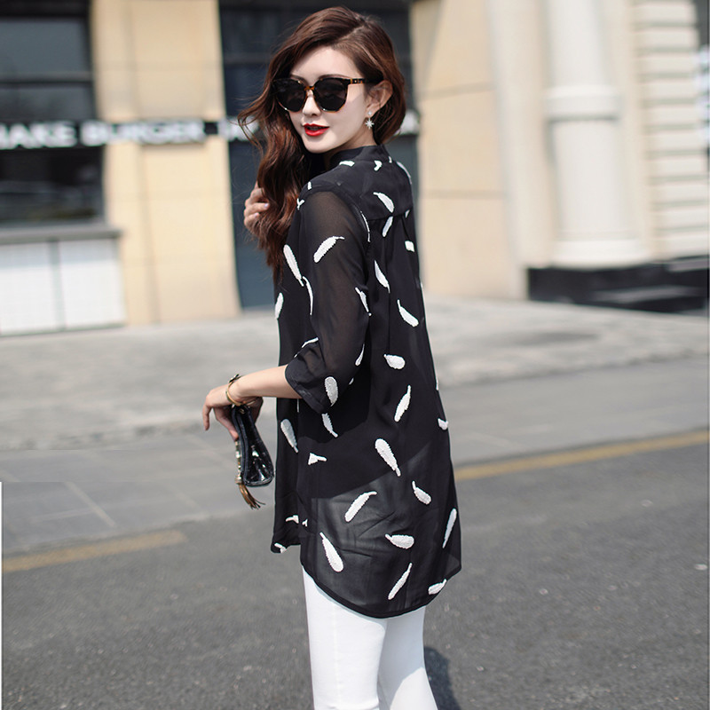 Moteriška palaidinė 2020 m. didelio dydžio moteriški marškiniai Šifoniniai moteriški viršutiniai drabužiai ilgomis rankovėmis Vasaros stiliaus siuvinėti drabužiai