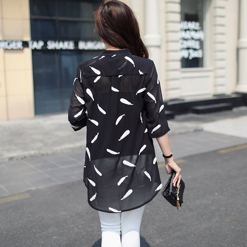Moteriška palaidinė 2020 m. didelio dydžio moteriški marškiniai Šifoniniai moteriški viršutiniai drabužiai ilgomis rankovėmis Vasaros stiliaus siuvinėti drabužiai