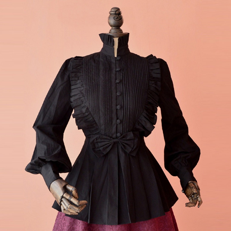 Tavaszi női fehér felsők Vintage viktoriánus fodros redős ingek Lámpás ujjú női gótikus magas gallérú blúz Lolita jelmezek