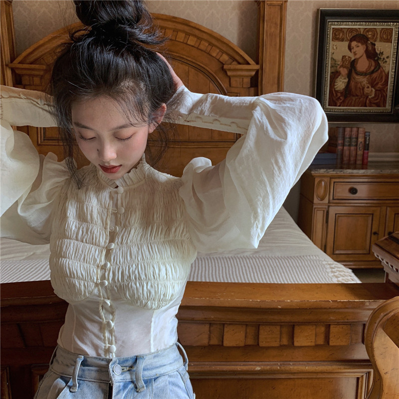 Design original franceză cu mânecă lungă scurtă femei bluză cu nasturi în față Cămașă retro subțire pentru femei Coreea Îmbrăcăminte pentru femei